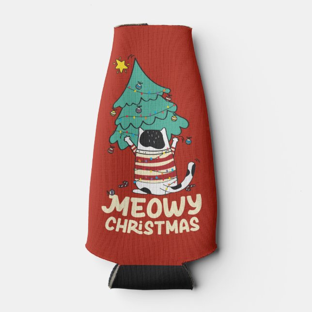 Meowy Christmas Funny Cat Lover  Bottle Cooler (Front)