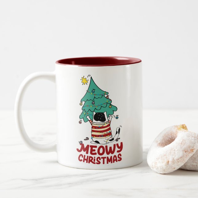 Meowy Christmas Funny Cat Lover  Two-Tone Coffee Mug (With Donut)