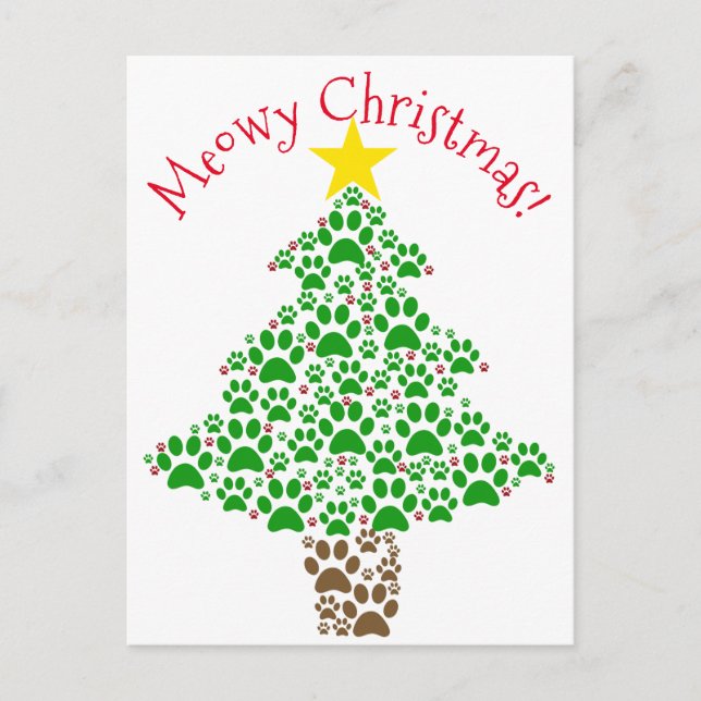 Meowy Christmas Funny Cat Paw Print Photo Holiday Postcard (Front)