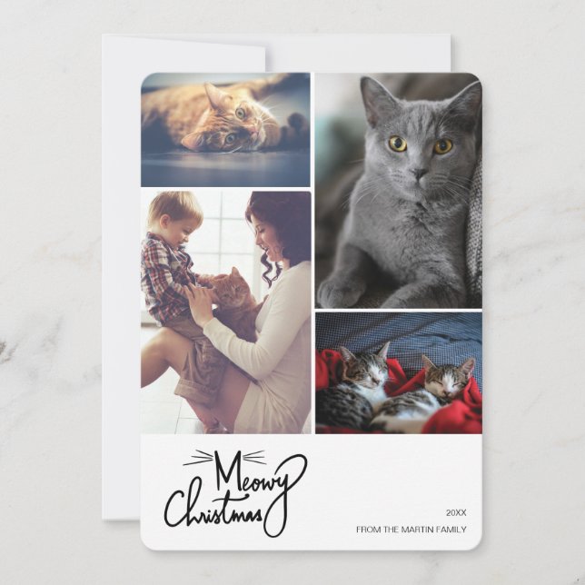 Meowy Christmas Funny Cat Themed Custom 4 Photo Holiday Card (Front)