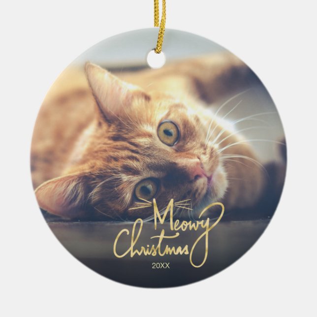 Meowy Christmas Funny Cat Themed Photo Ceramic Tree Decoration (Front)