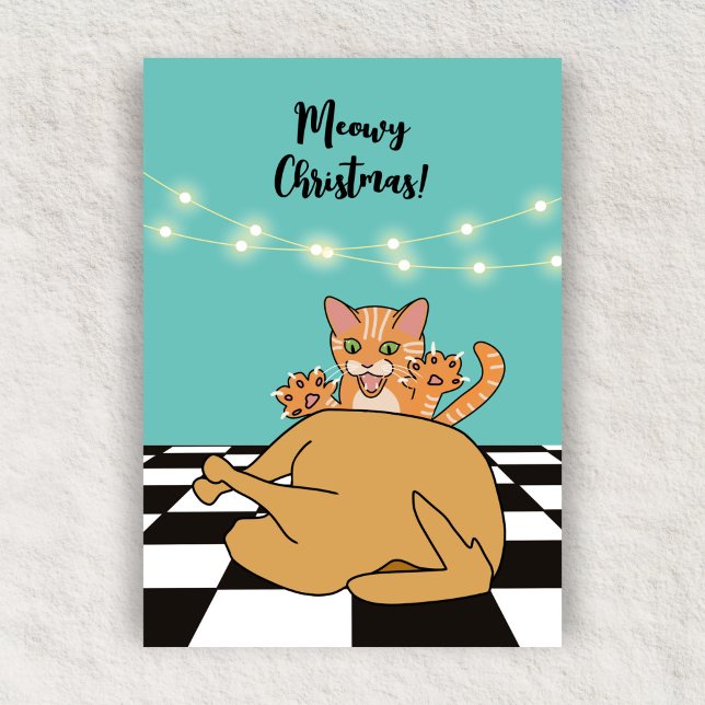 Meowy Christmas Funny Cat Turkey Cartoon  Holiday Card (Creator Uploaded)