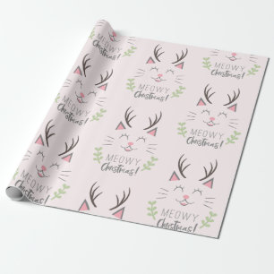 Meowy Christmas   Funny Cat with Antlers Pattern Wrapping Paper