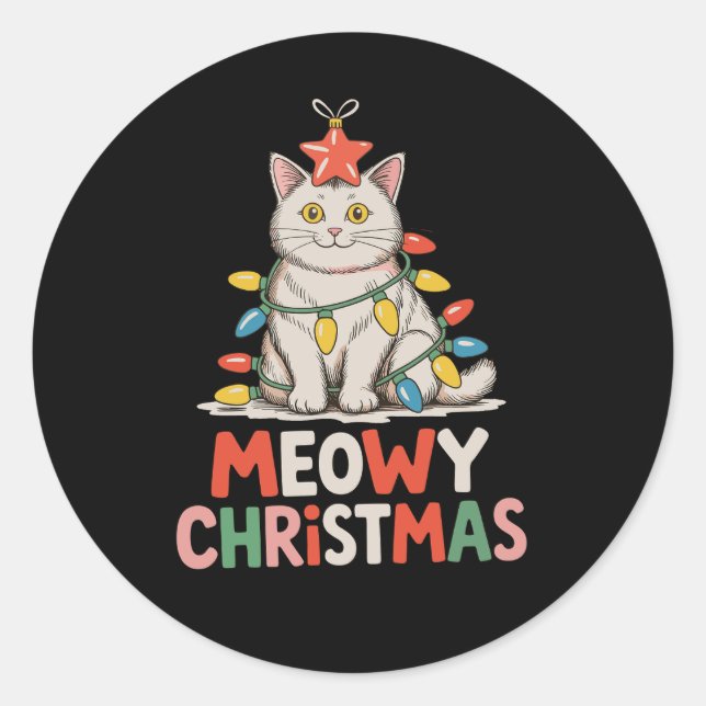 Meowy Christmas Funny Cute Cat Xmas Lights Holiday Classic Round Sticker (Front)