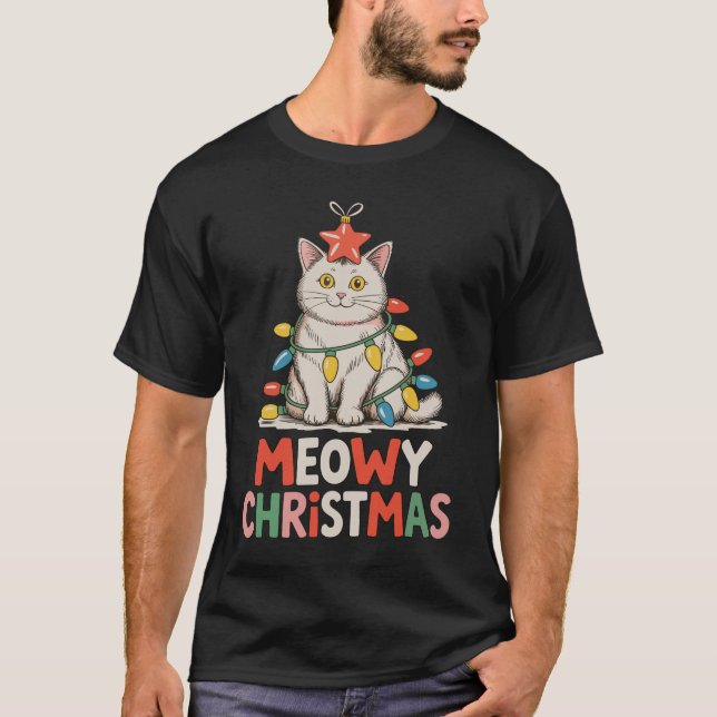 Meowy Christmas Funny Cute Cat Xmas Lights Holiday T-Shirt (Front)