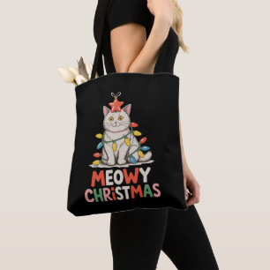 Meowy Christmas Funny Cute Cat Xmas Lights Holiday Tote Bag