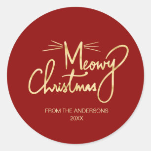 Meowy Christmas Funny Faux gold Hand-lettered Classic Round Sticker