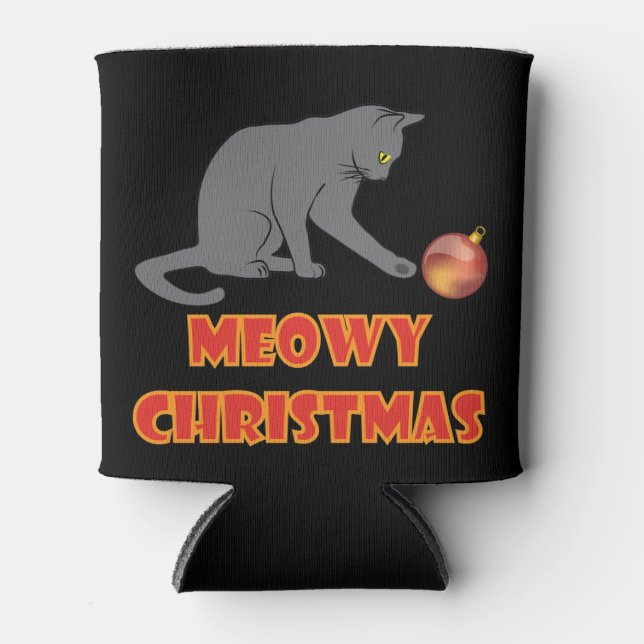 Meowy Christmas Funny Grey Cat Can Cooler (Front)
