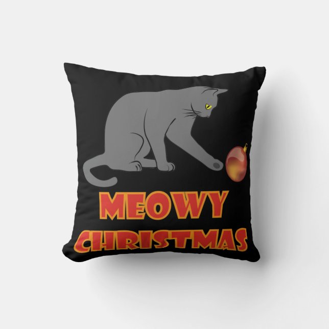 Meowy Christmas Funny Grey Cat Cushion (Front)