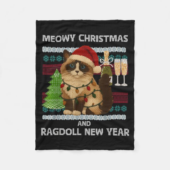 Meowy Christmas Funny Ragdoll Cat Santa Hat Ugly S Fleece Blanket (Front)