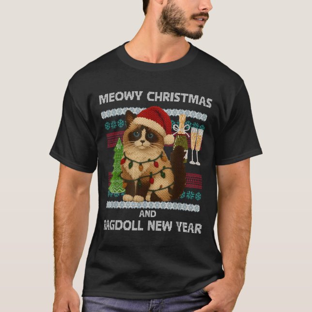 Meowy Christmas Funny Ragdoll Cat Santa Hat Ugly S T-Shirt (Front)