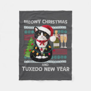 Meowy Christmas Funny Tuxedo Cat Santa Hat Ugly Sw Fleece Blanket