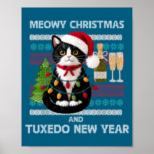 Meowy Christmas Funny Tuxedo Cat Santa Hat Ugly Sw Poster