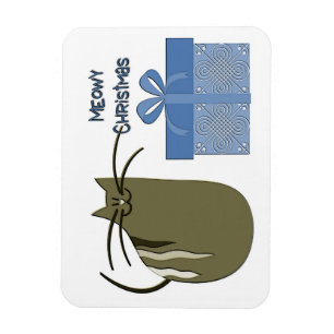 Meowy Christmas Grey Cat with Blue Gift Magnet