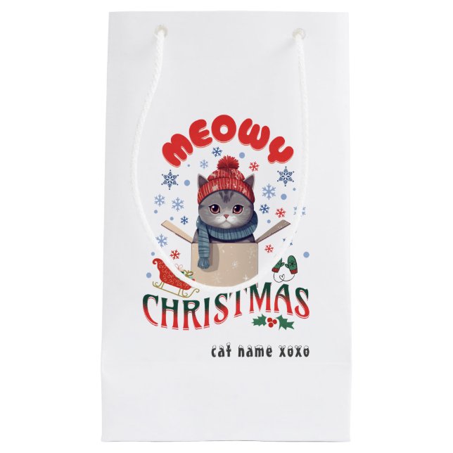 Meowy Christmas Grumpy Grey Cat Mug Small Gift Bag (Front)