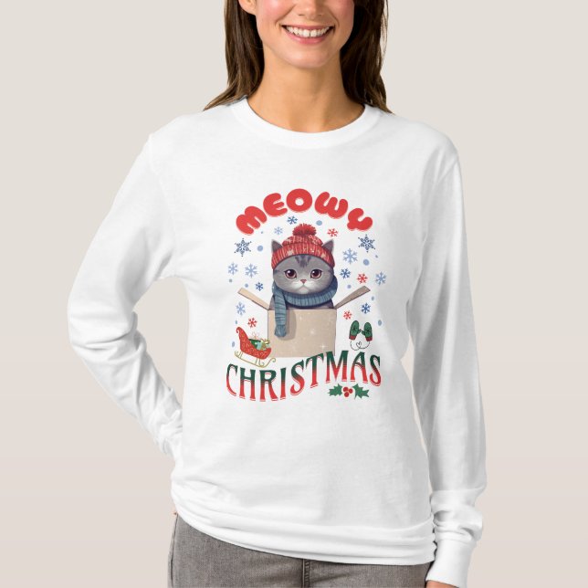 Meowy Christmas Grumpy Grey Cat  T-Shirt (Front)
