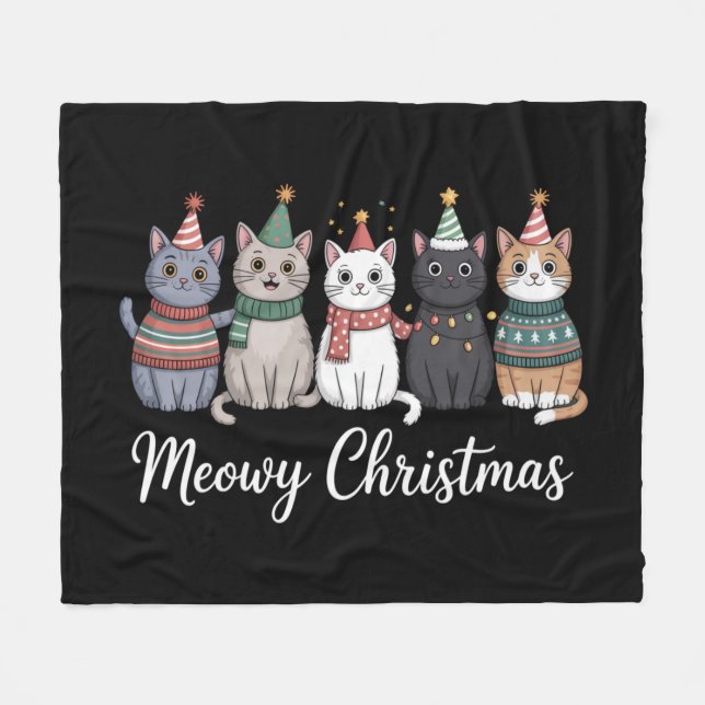 Meowy Christmas Happy Cat Year Cat Lover Xmas Fleece Blanket (Front (Horizontal))