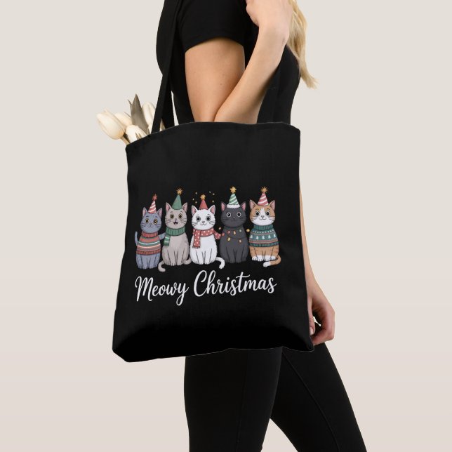 Meowy Christmas Happy Cat Year Cat Lover Xmas Tote Bag (Close Up)