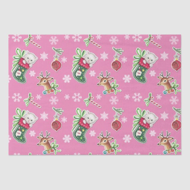 Meowy Christmas Happy Reindeer on Pink Tissue Paper (Front)