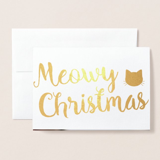 Meowy Christmas Holiday Cat Pun Design Foil Card (Front With Envelope)