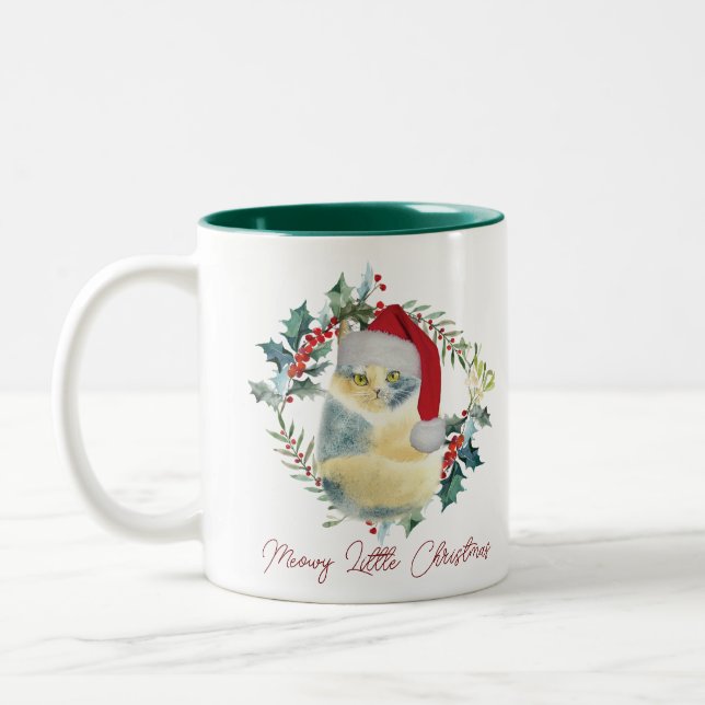 meowy christmas holiday cat santa hat mug (Left)