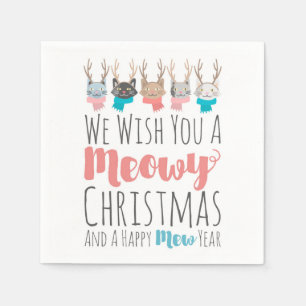 'Meowy Christmas' Holiday Cats In Antlers Funny Napkin