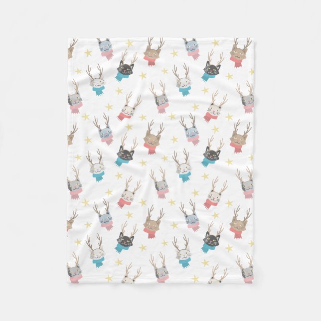 'Meowy Christmas' Holiday Cats In Antlers Pattern Fleece Blanket (Front)
