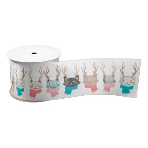 'Meowy Christmas' Holiday Cats In Antlers Pattern Satin Ribbon