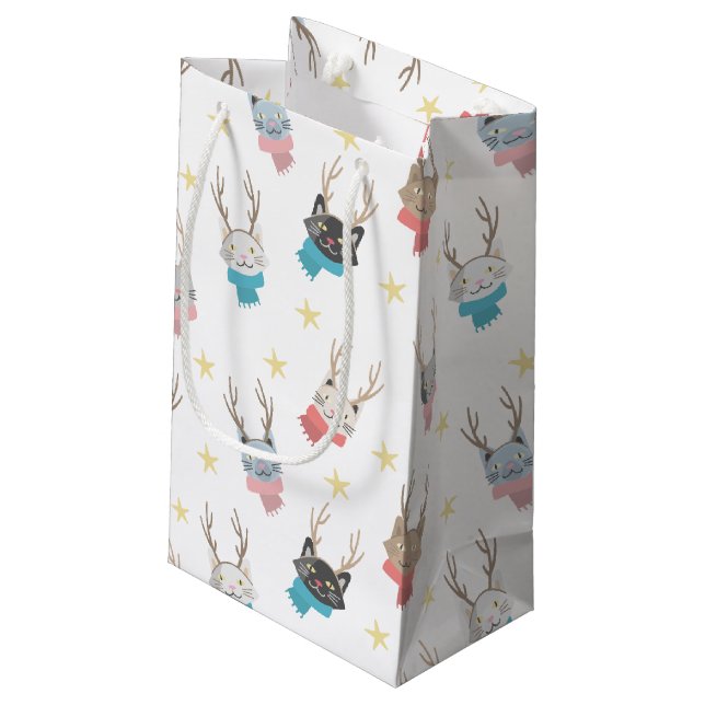 'Meowy Christmas' Holiday Cats In Antlers Pattern Small Gift Bag (Back Angled)