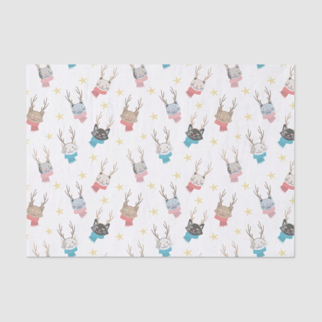 'Meowy Christmas' Holiday Cats In Antlers Pattern Tissue Paper (Front)