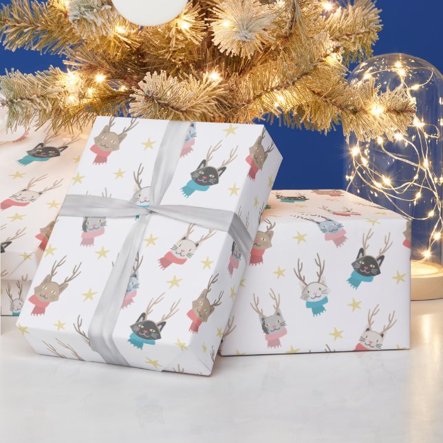 'Meowy Christmas' Holiday Cats In Antlers Pattern Wrapping Paper (Holidays)