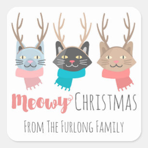 'Meowy Christmas' Holiday Cats In Antlers Personal Square Sticker