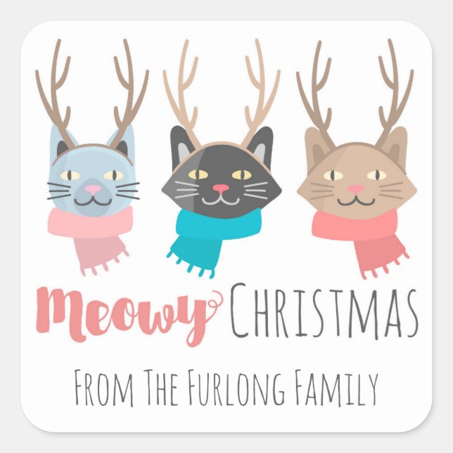 'Meowy Christmas' Holiday Cats In Antlers Personal Square Sticker (Front)