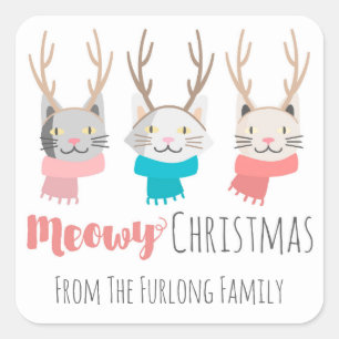 'Meowy Christmas' Holiday Cats In Antlers Personal Square Sticker
