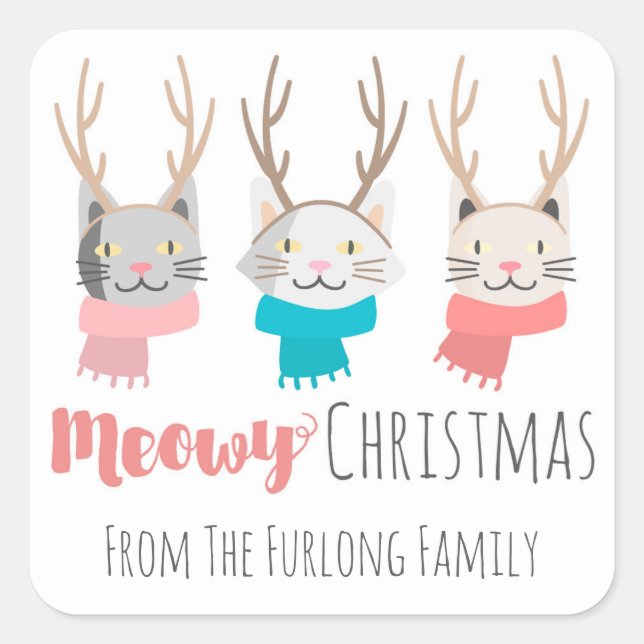 'Meowy Christmas' Holiday Cats In Antlers Personal Square Sticker (Front)