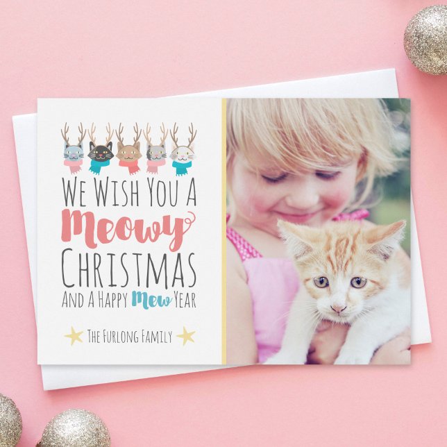 'Meowy Christmas' Holiday Cats In Antlers Photo Card (Creator Uploaded)