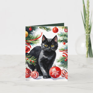 Meowy Christmas Kitten Watercolor Holiday Card