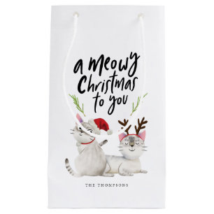 Meowy Christmas Kitty Cat Santa Antlers Small Gift Bag