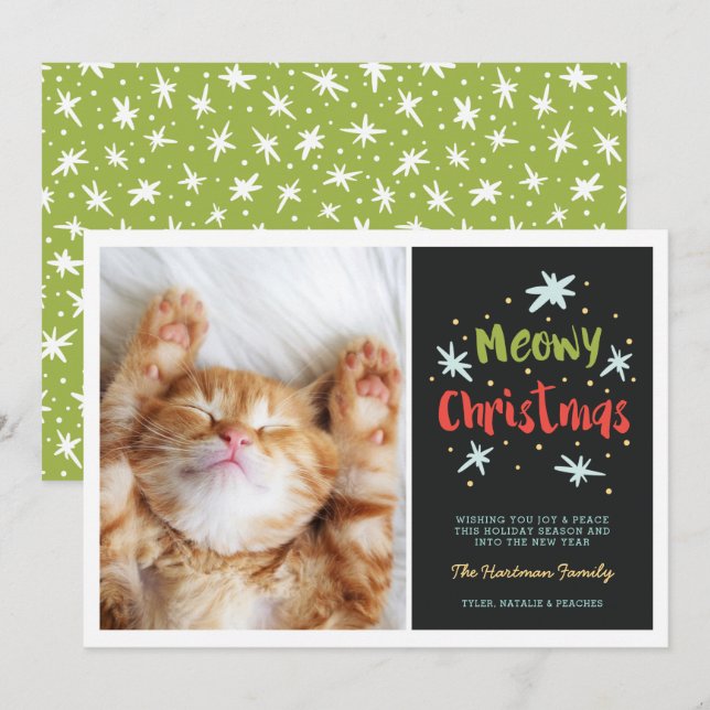 Meowy Christmas Kitty Modern Christmas Photo Green Holiday Card (Front/Back)