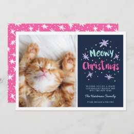 Meowy Christmas Kitty Modern Christmas Photo Pink Holiday Card