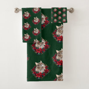Meowy Christmas Maine Coon Cat Bath Towel Set
