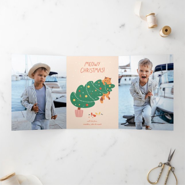 Meowy Christmas - Mischievous Feline Fun Tri-Fold Holiday Card (Inside)