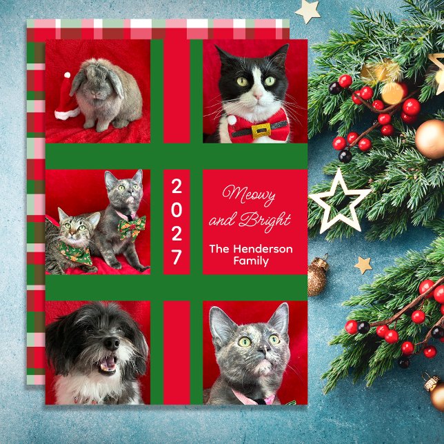 Meowy Christmas Multi Five Cat Photo Holiday Card (Creator Uploaded)