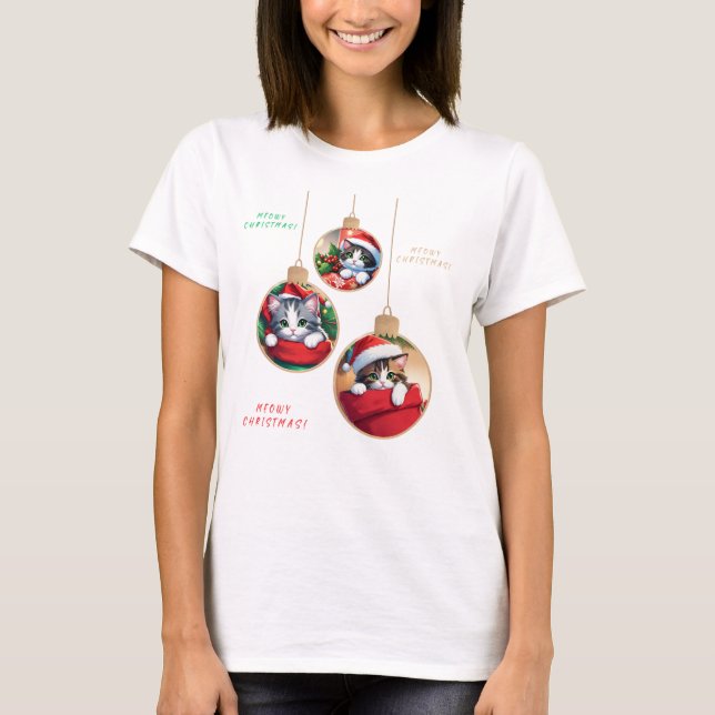"Meowy Christmas Ornaments" T-Shirt (Front)
