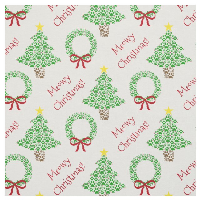 Meowy Christmas Paw Print Holiday Trees & Wreaths Fabric (Swatch)