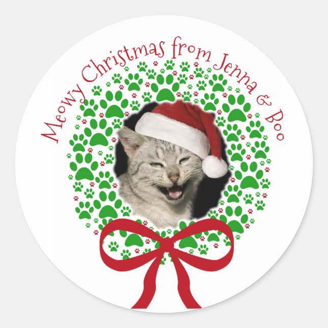 Meowy Christmas Paw Print Holiday Wreath Photo Classic Round Sticker (Front)