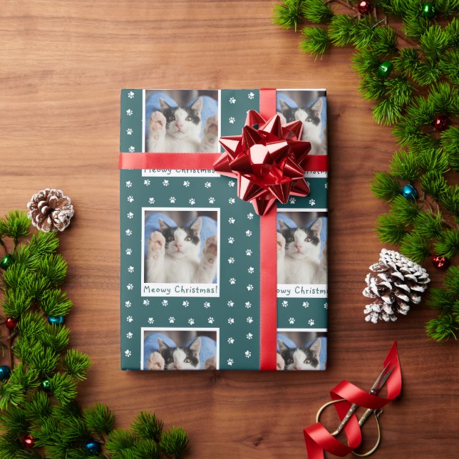 Meowy Christmas Personalised Pet Cat Photo Wrapping Paper (Holiday Gift)