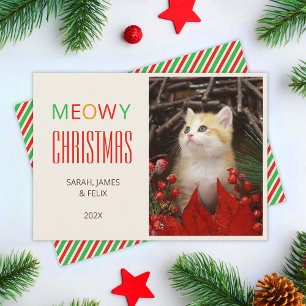 Meowy Christmas Pet Cute Kitten Photo Red & Green  Holiday Card