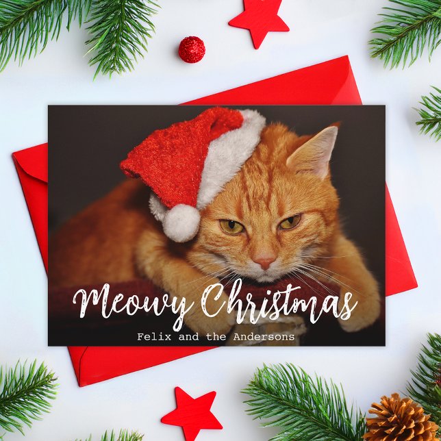 Meowy Christmas Pet Photo Cat with Red Santa Hat  Holiday Card (Creator Uploaded)