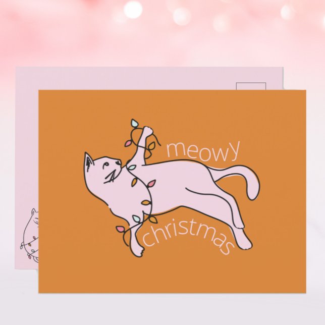 Meowy Christmas Pink Cat Lights Holiday Postcard (Creator Uploaded)